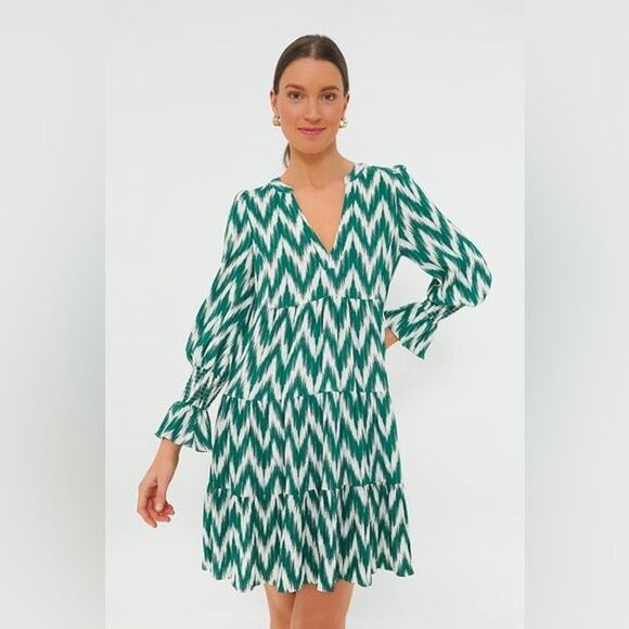 Tuckernuck Pomander Place Green White Ikat Kenzo Mini Dress Size Large - Picture 1 of 10